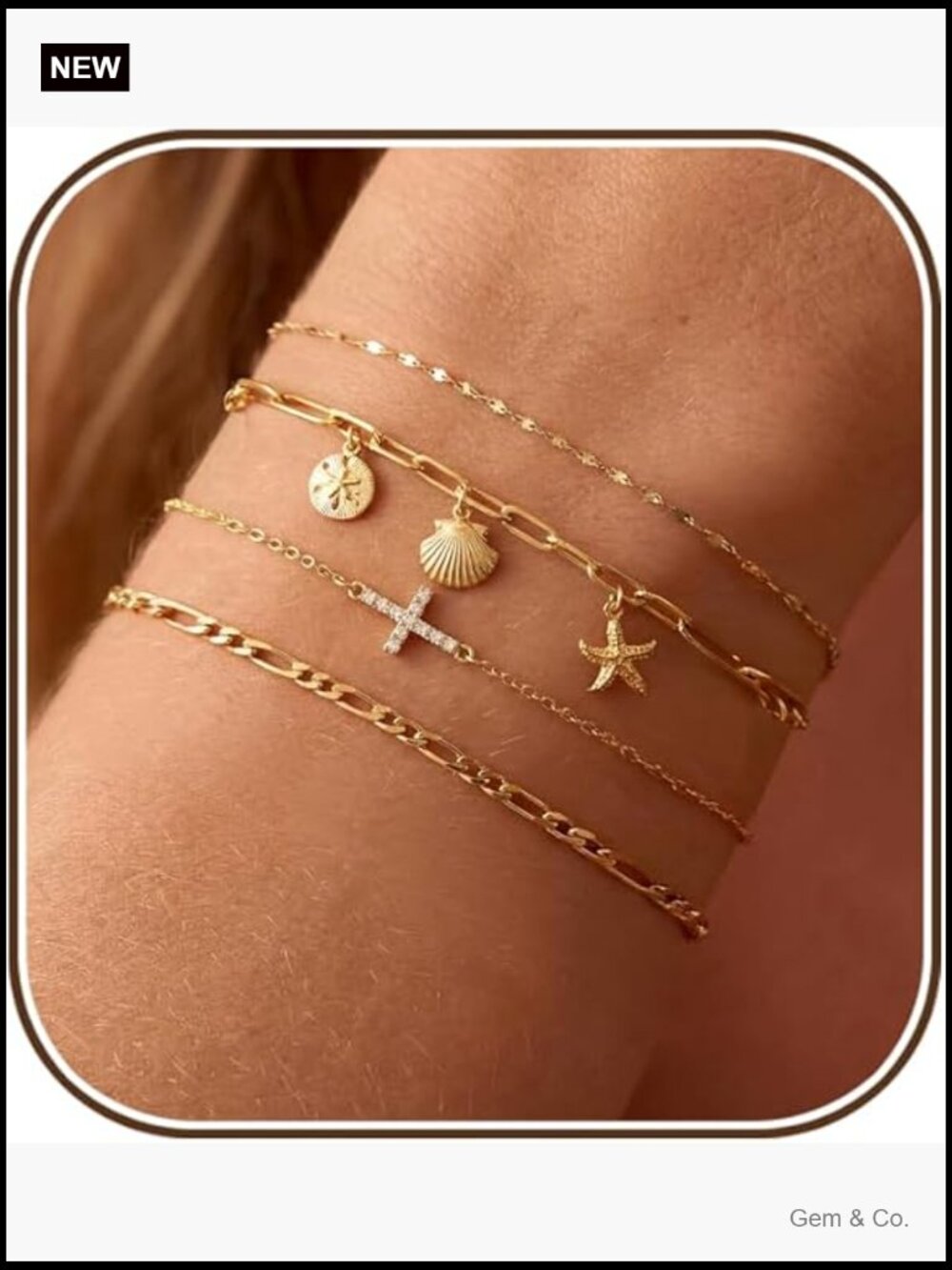 14K Gold Plated Cross Starfish Bracelet Stack Set Dainty Charm Pearl Chain